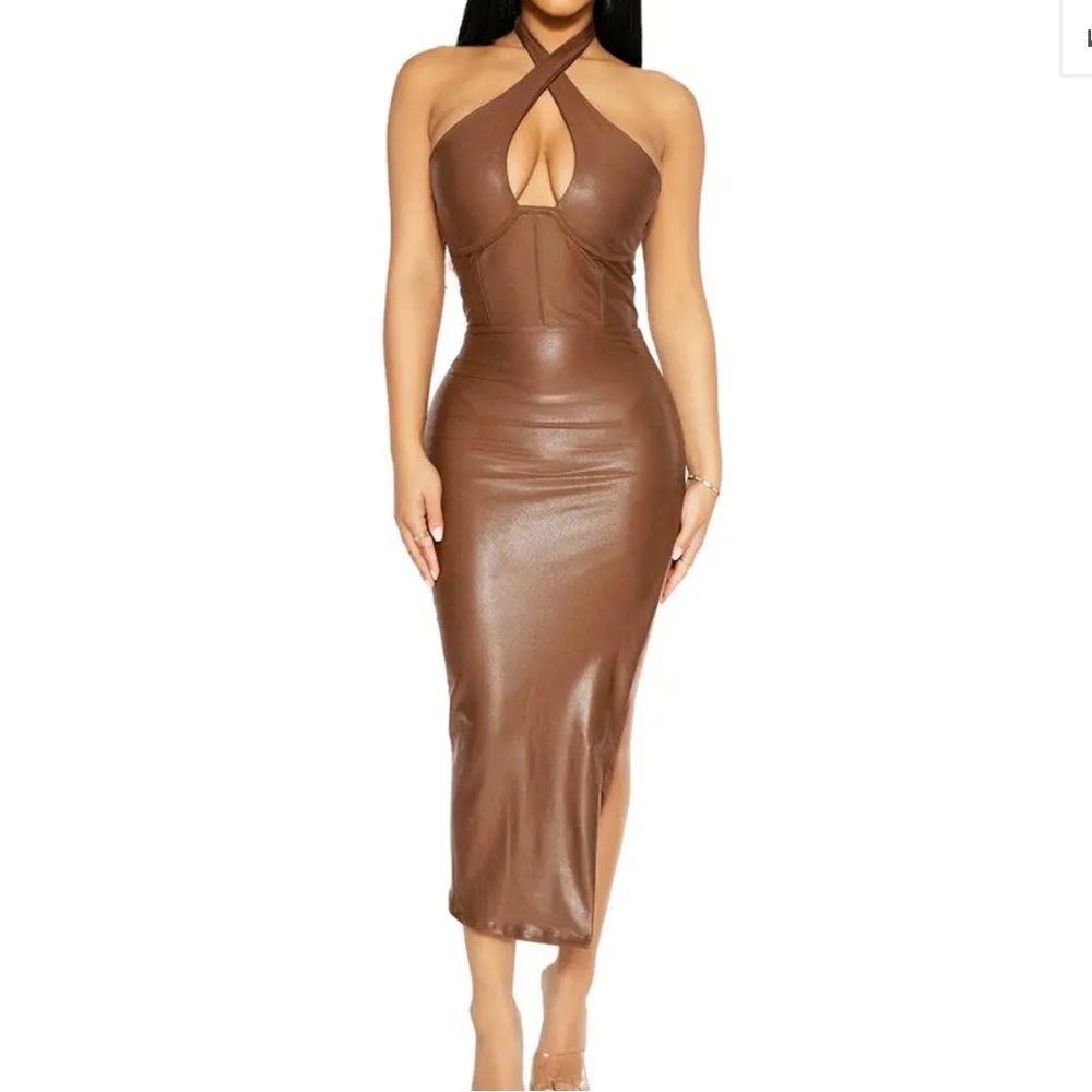Naked Wardrobe Extra Drippin' Crossover Halter Midi Dress - Brown